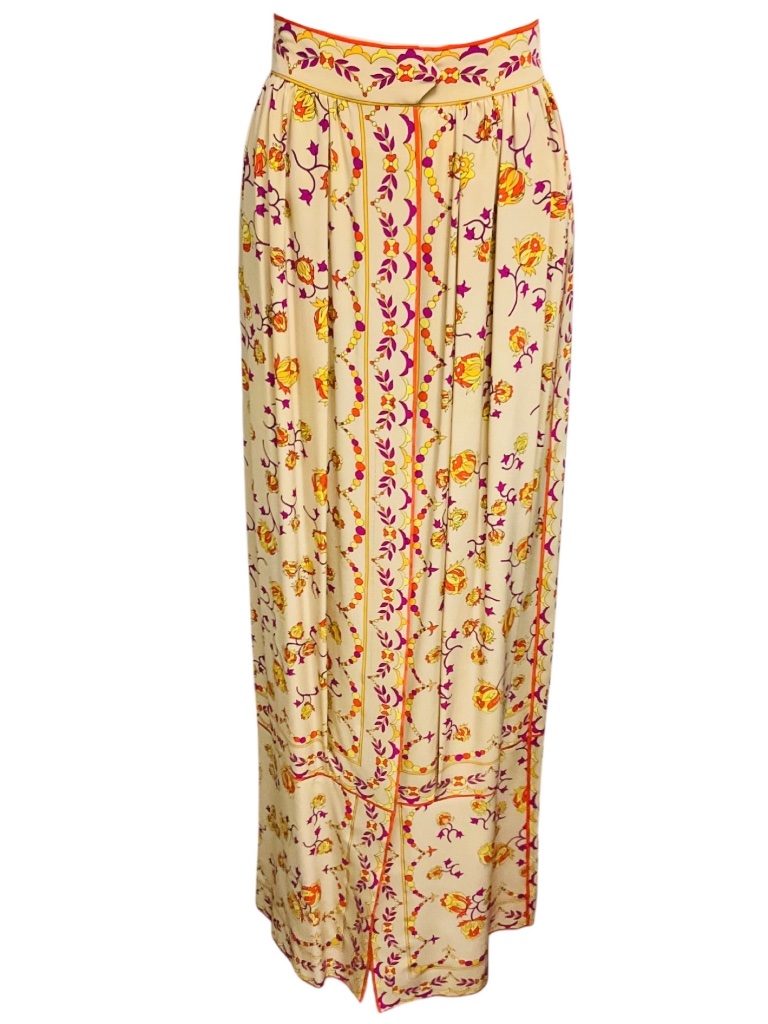Emilio Pucci Vintage Beige / Purple / Orange / Yellow Multi Printed Silk Maxi Sk